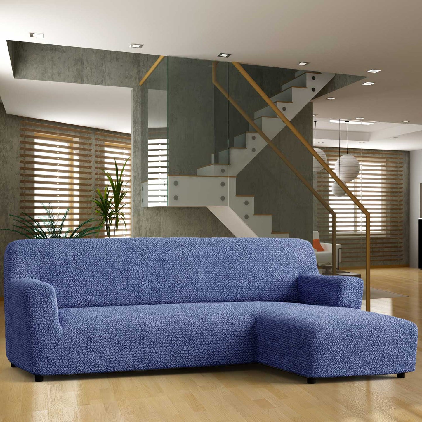 Housse de canapé en L (méridienne droite) - Bleu, Collection Microfibre