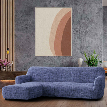 Housse de canapé en L (méridienne gauche) - Bleu Vittoria, Collection Microfibre Imprimée