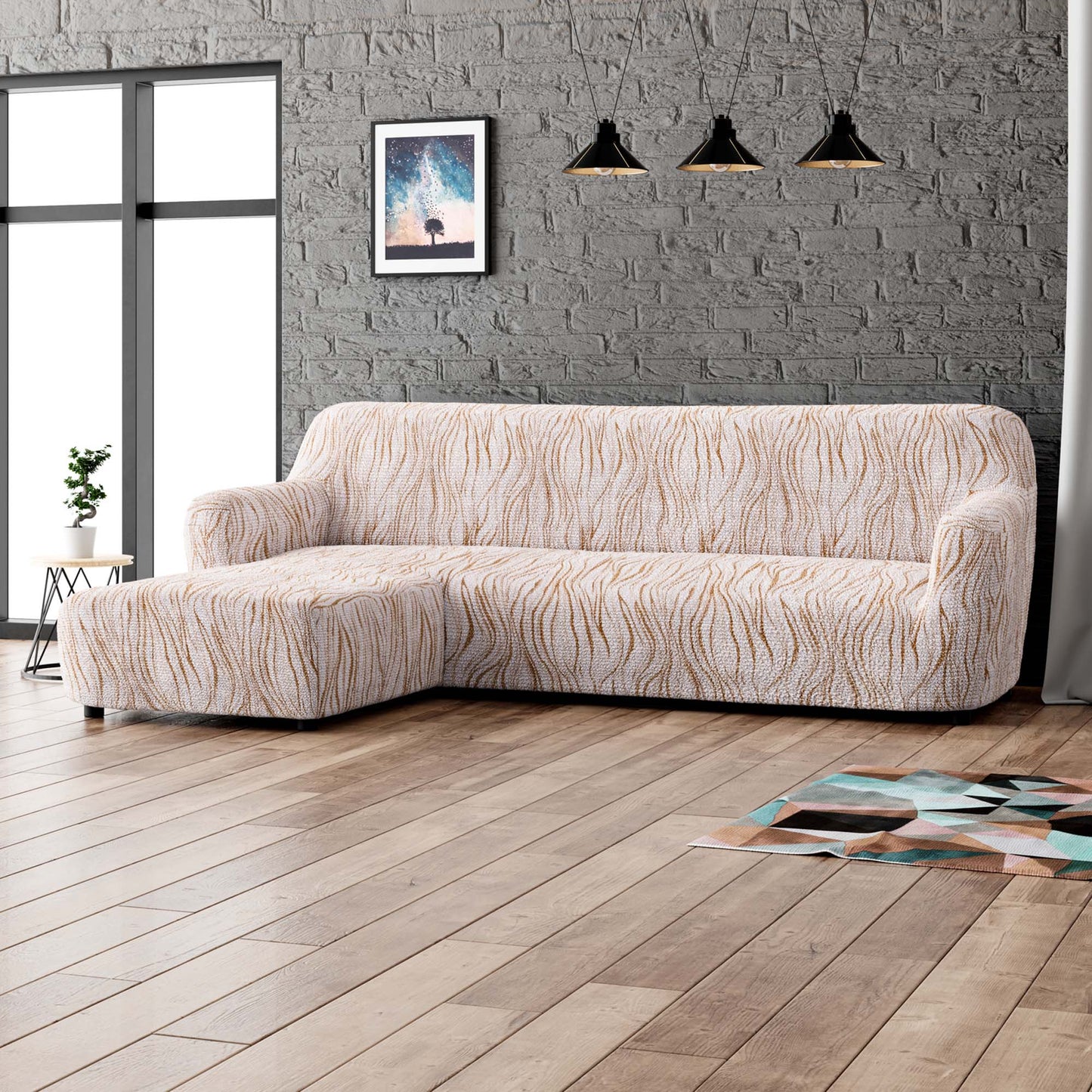 Housse de canapé en L (méridienne gauche) - Universo Beige, Collection Imprimé Microfibre