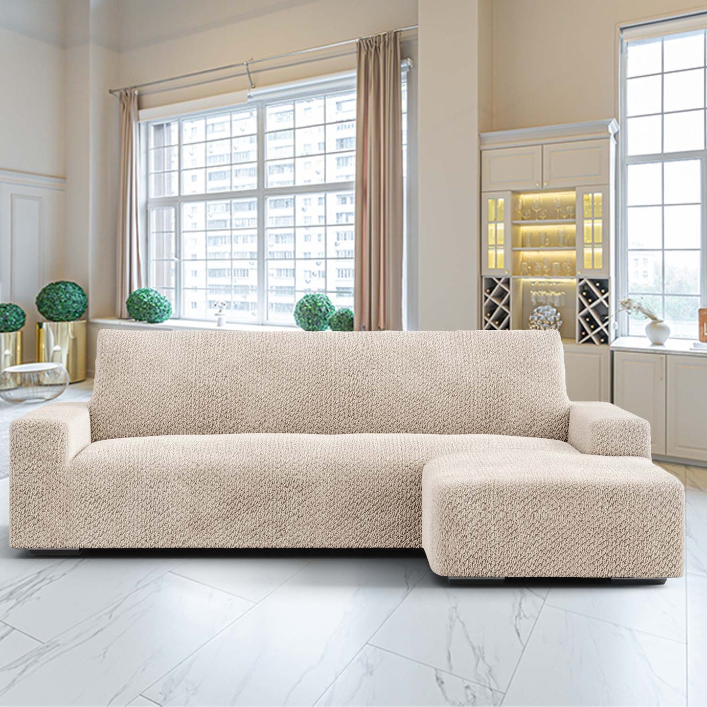 Housse de canapé en L (méridienne droite) - Beige, collection Velvet