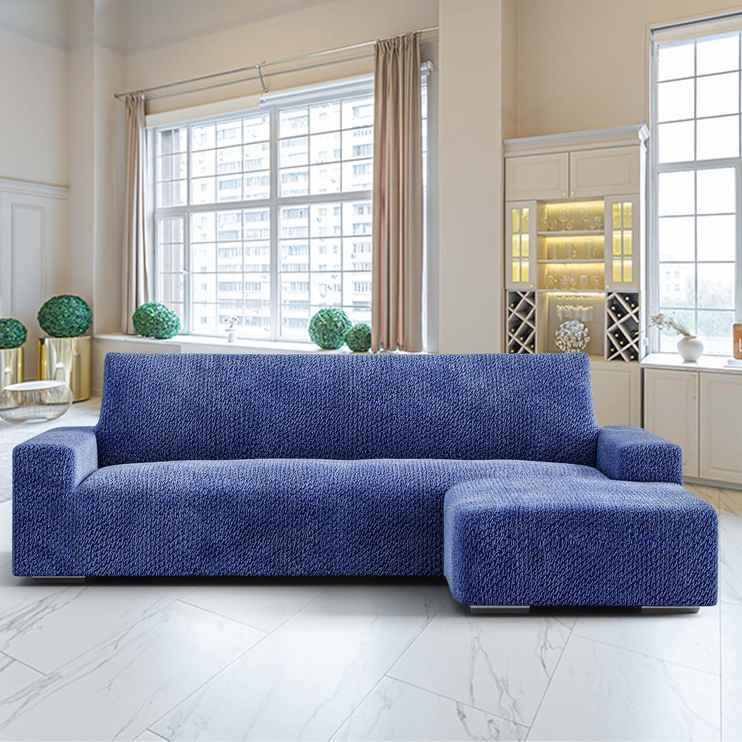 Housse de canapé en L (méridienne droite) - Bleu, Collection Velvet