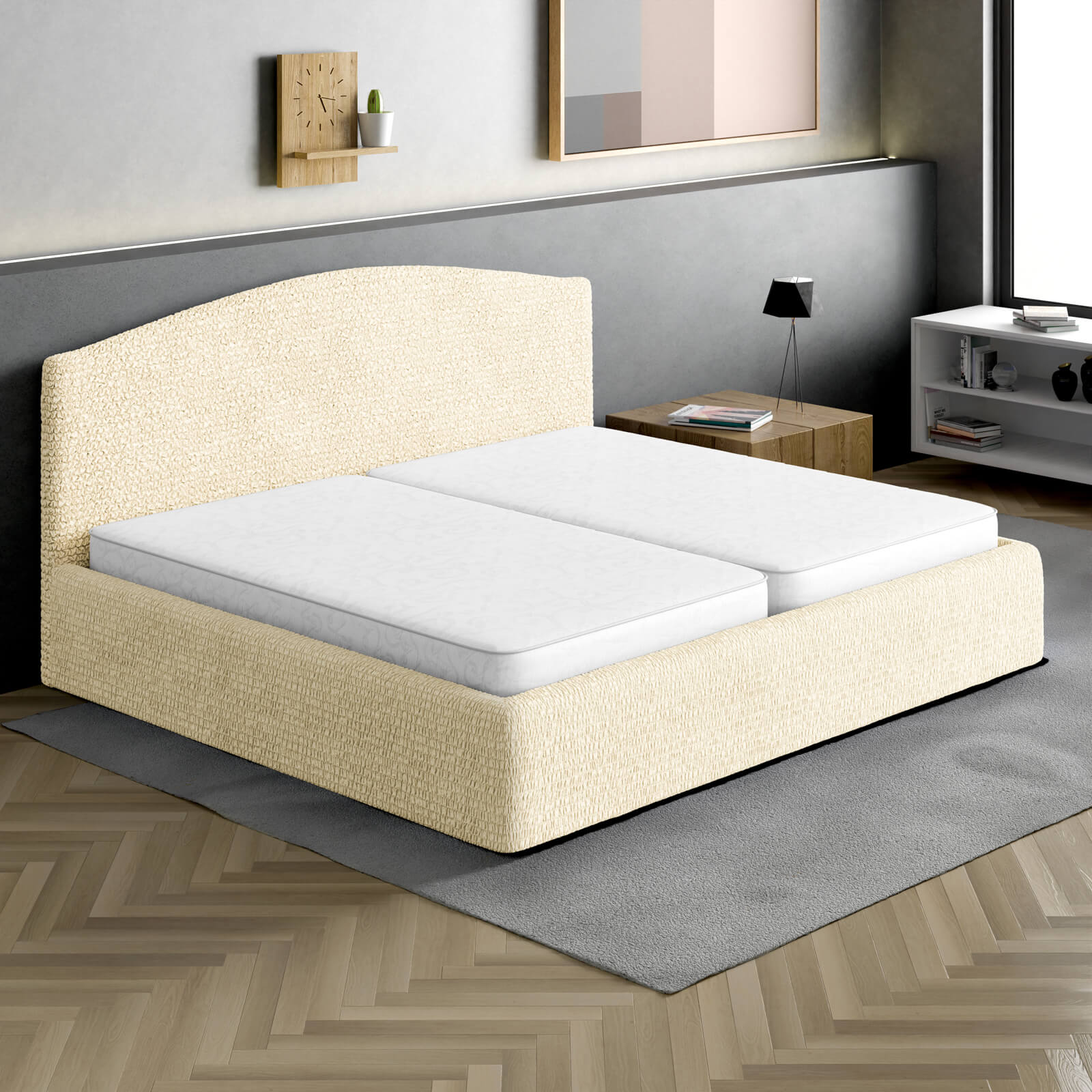 Bed Headboard & Frame Cover (Full/King) - Beige, Microfibra Collection