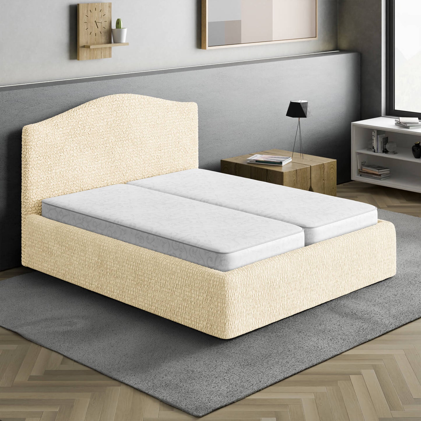 Bed Headboard & Frame Cover (Full/Queen)- Beige, Microfibra Collection