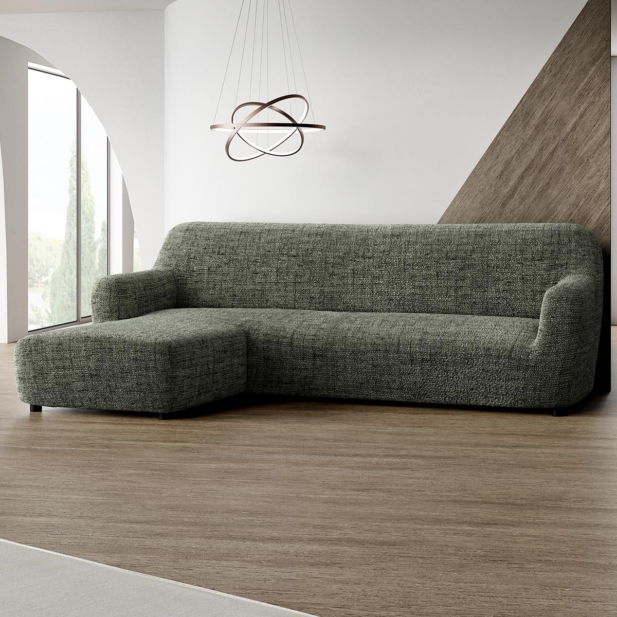 Housse de canapé en L (méridienne gauche) - Vert Vittoria, Collection Microfibre Imprimée