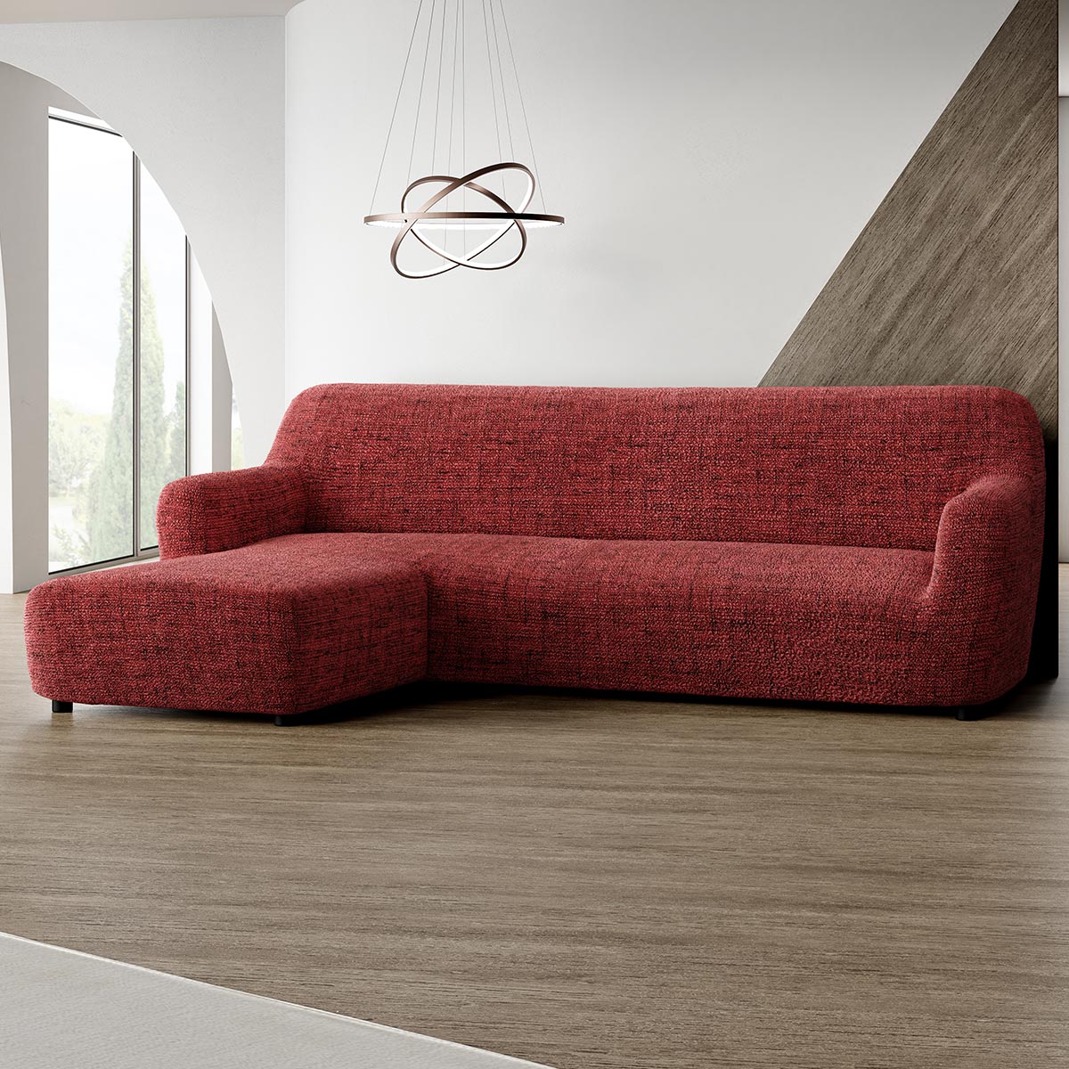 Housse de canapé en L (méridienne gauche) - Rouge Vittoria, collection imprimée en microfibre
