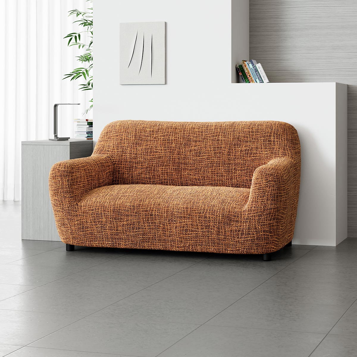 2 Seater Sofa Cover - Graffio Orange, Microfibra Printed