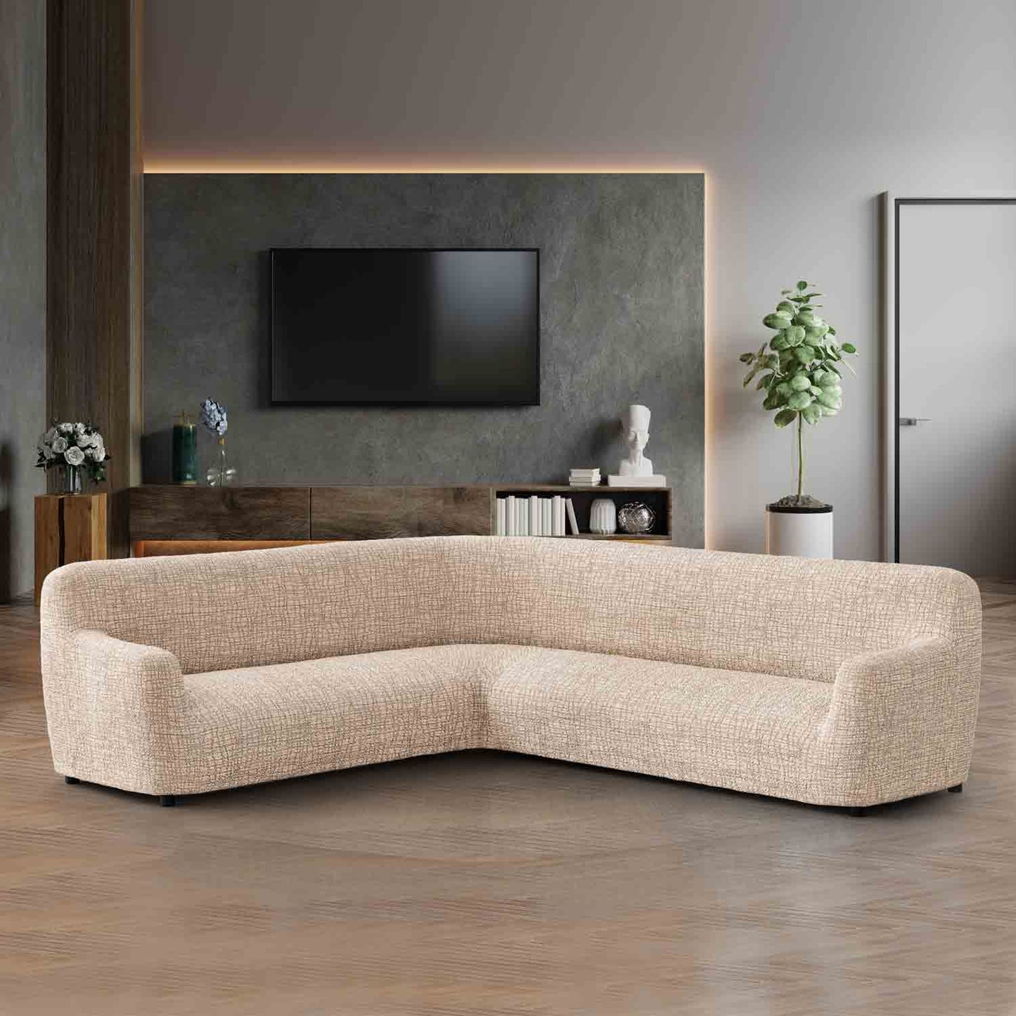 Housse de canapé d'angle - Rayure beige, microfibre imprimée