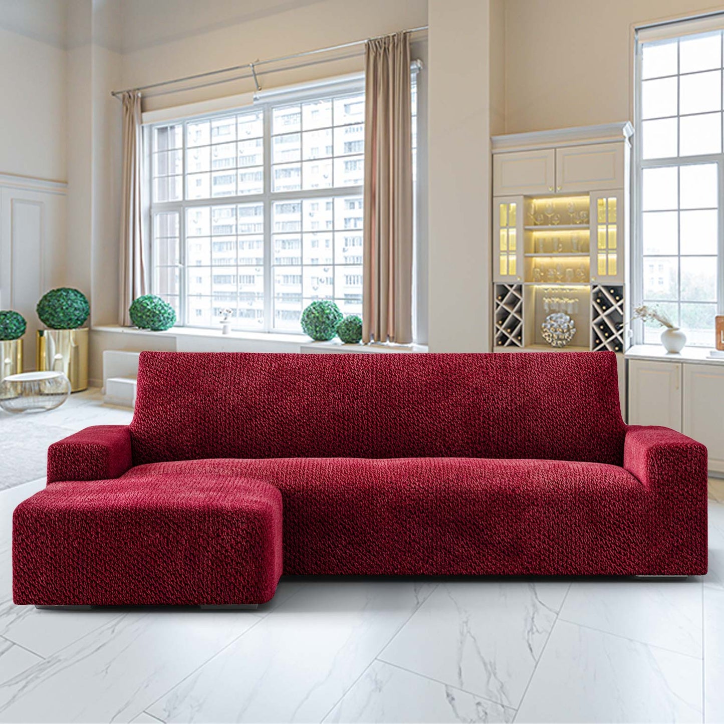 L-Shaped Sofa Cover (Left Chaise)- Bordeaux, Velvet Collection