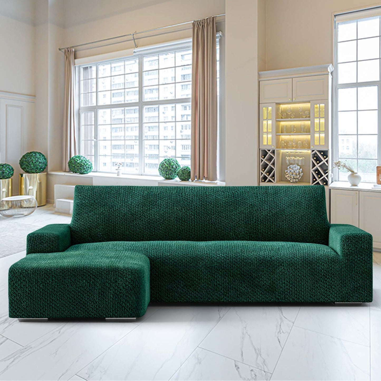 L-Shaped Sofa Cover (Left Chaise) - Green, Velvet Collection